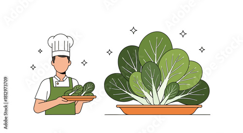Chef Presenting Fresh Green Leafy Vegetables Arrangement on Black Background for Recipes