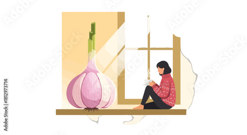 Cozy Moment: Woman On Window With Garlic, Enjoying Warm Beverage and Peaceful Time