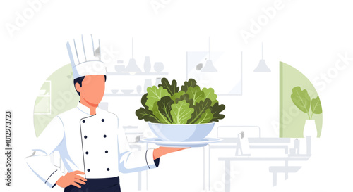 Chef Presenting Fresh Green Salad Dish In The Kitchen Environment, Healthy Food Concept