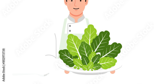 Chef Presenting Fresh Green Salad Dish on a White Plate Against a Dramatic Black Backdrop