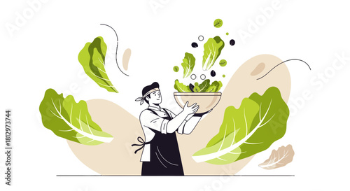 Chef Presenting Fresh Green Salad Illustration on a Dark Monochrome Background