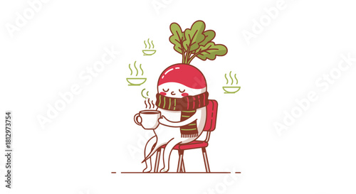 Cozy Radish Enjoying a Warm Beverage, A Joyful Illustration on Black Background