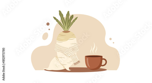 Cozy Turnip With Scarf Enjoying Hot Beverage And Relaxing After A Long Day