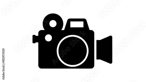 Vector illustration of black and white icon of a movie camera or video camera combined with a still camera lens on transparent background