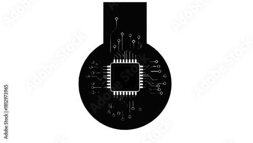 Vector illustration of black and white icon of a microchip or processor with circuit board traces isolated on transparent background 
