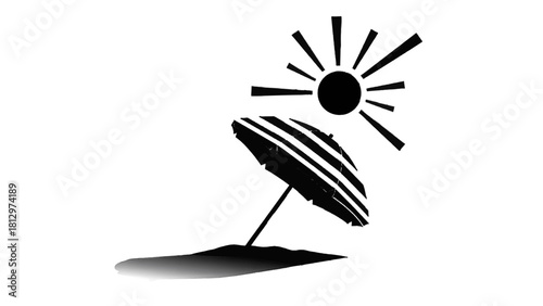 Vector illustration of black and white stylized icon of a sun shining over a beach umbrella casting a shadow on sand isolated on transparent background 