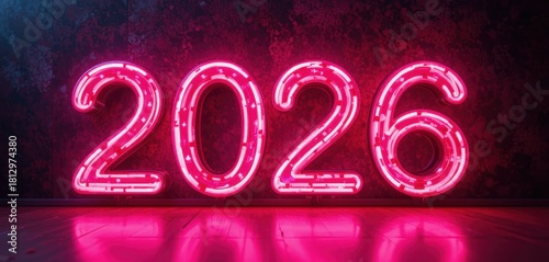 Bright pink neon number 2026 on dark grunge wall background with floor reflection for New Year party.