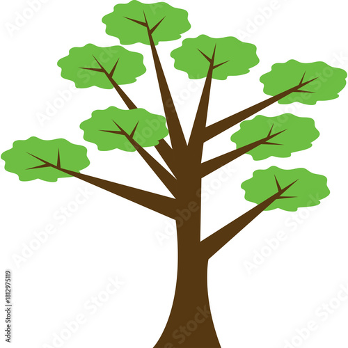 Stylized Cartoon Tree With Green Leaves And Brown Trunk On A Transparent White Background In A Simple Flat Design Style