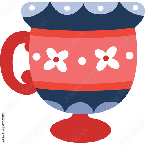 Stylized Ceramic Cup With Handle And Decorative Floral Pattern In Red And Blue With White Accents Isolated On Transparent Background