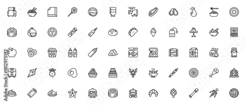 Gastronomy icon set. Food and kitchen vector illustrtions. Featuring toaster, oodles, sushi, steak, avocdo, cake, coffee machine ad more. Editable stroke.