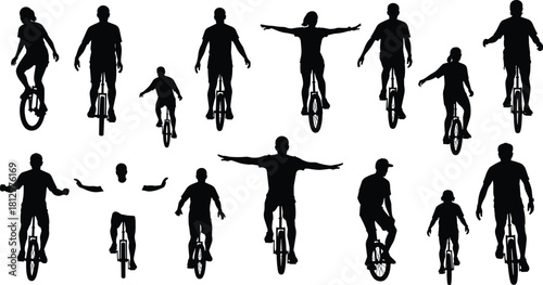 Unicyclists Riding Silhouettes Vector Illustration Set, People Balancing and Performing Tricks on One-Wheeled Bicycles, Fun Sport, Acrobatics, and Balance Skill Training, Isolated on White.