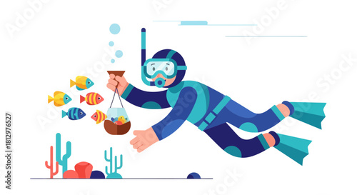 Diver Swimming Underwater With Aquarium Fish, Exploring The Marine Environment