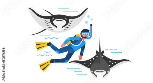 Diver Observing Marine Creatures In The Ocean Depths With Oceanic Rays