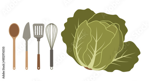 Culinary Essentials: Assortment Of Kitchen Utensils And Fresh Cabbage Graphic Illustration