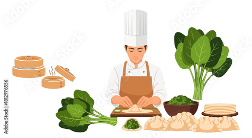 Culinary Master at Work Crafting Delicious Dumplings in a Professional Kitchen