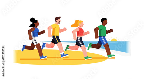 Diverse Group Joyfully Running At The Seaside During The Sunrise In Colorful Illustration