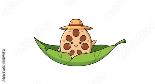 Cute Cartoon Lotus Root Character Wearing a Hat Sailing on a Leaf Isolated on Black