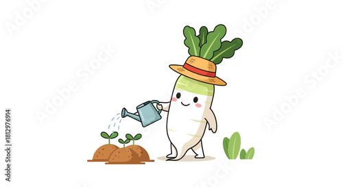 Cute Cartoon Radish Character Gardening And Watering Young Plants In Illustration Style