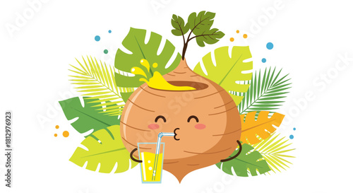 Cute Cartoon Root Vegetable Enjoying Refreshing Yellow Juice in Tropical Foliage