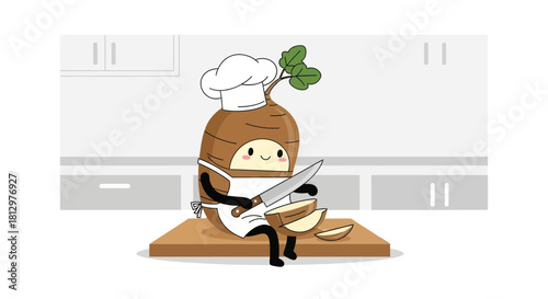 Cute Cartoon Root Vegetable Preparing Gourmet Cuisine Inside a Kitchen Setting