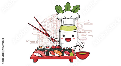 Cute Cartoon Sushi Chef Displaying a Delicious Japanese Culinary Presentation