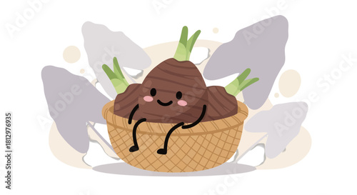 Cute Cartoon Taro Root in a Woven Basket with Decorative Elements on Black Background