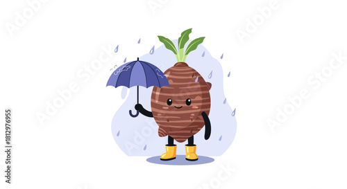 Cute Cartoon Vegetable With Umbrella And Rain Drops On Black Background