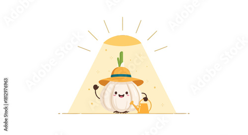 Cute Garlic Cartoon Character With Smiling Face Under Spotlight And Golden Hat