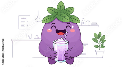 Enchanting Eggplant Character Joyfully Savoring a Creamy, Delicious Milkshake at a Cafe