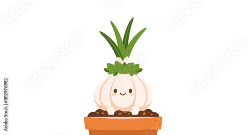 Cute Happy Garlic Bulb Growing In A Terracotta Pot On Black Background