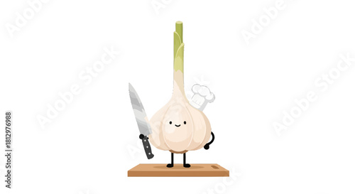 Cute Garlic Character With Chef Hat and Knife Ready For Culinary Adventures