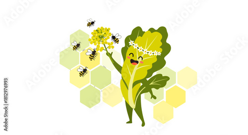 Enchanting Lettuce Fairy Welcomes Buzzing Bees in a Vibrant Floral Embrace