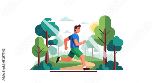 Energetic Runner Training Outdoors Surrounded By Nature In Colorful Illustration Style