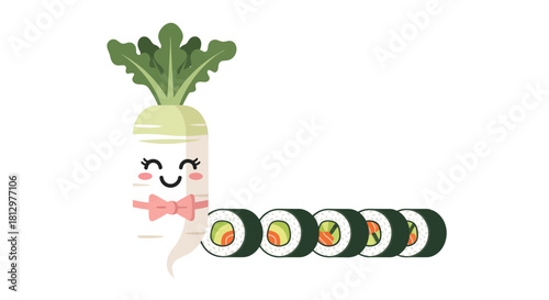 Cute Radish Character and Sushi Rolls Combination on Black Background for Design