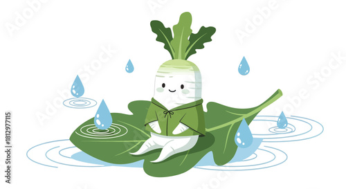 Cute Radish Character Dressed In Raincoat Enjoying Rainy Day Cartoon Illustration