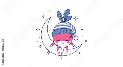 Cute Radish Character Dreamily Asleep On Crescent Moon Against Black Backdrop
