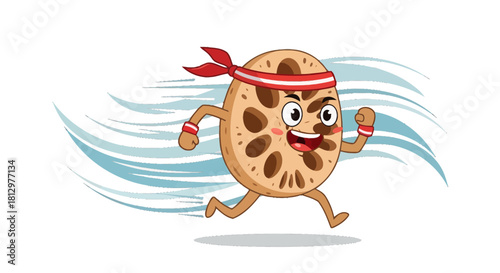 Energetic Spud Athlete Mascot Running Fast on Black Background