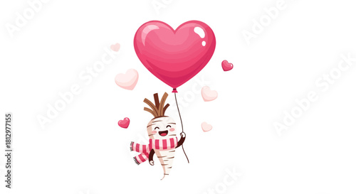 Cute Radish Character Holding a Heart Balloon, Romantic Design with a Black Backdrop