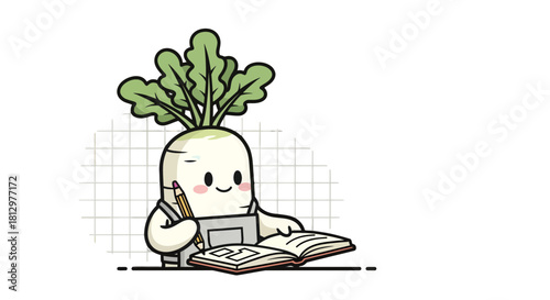 Cute Radish Character Preparing Notes With A Pencil Against a Simple Grid Backgrounds