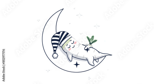 Cute Radish Character Sleeping Peacefully on Crescent Moon Amidst Stars