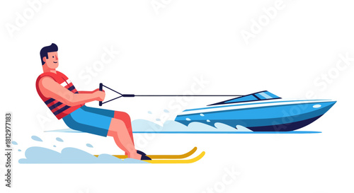 Energetic Waterskiing Recreation Depiction With Lively Animated Watersports Elements