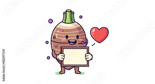 Cute Taro Root Presenting a Sign with a Heart, Isolated on Black Background