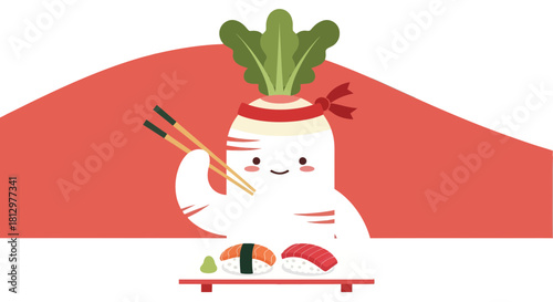 Cute Turnip Character Enjoying Sushi, Artistic Food Illustration for Graphic Design Purposes