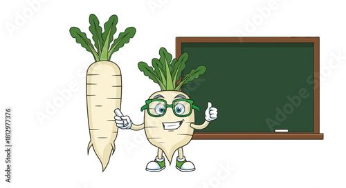 Excited Radish Character Stands Beside a Chalkboard, Ready To Teach and Educate