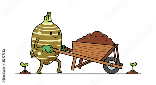 Enthusiastic Root Vegetable Character Joyfully Transports Soil in a Wheelbarrow
