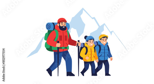 Family Hiking Adventure With Children In Front Of Mountain Peaks On Black Background