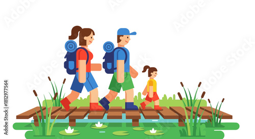 Family Hiking Across A Wooden Bridge Amidst Lush Wetlands And Nature's Embrace
