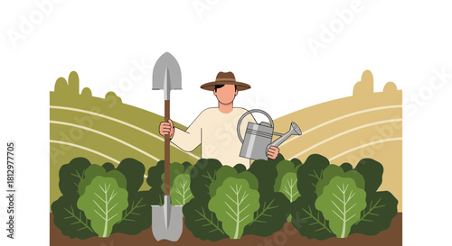 Farmer Appears in Lush Field Holding Gardening Tools Depicting Cultivation of Greens