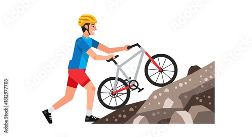 Cyclist Struggles To Ascend Mountain on A Bicycle in Illustration Style