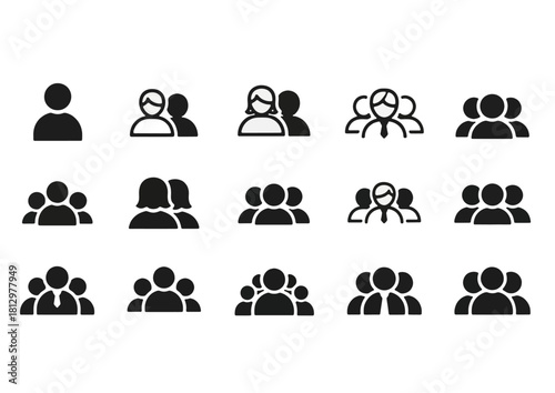 A collection of minimalist black people icons in flat vector style, featuring various group and team formations including single person, couples, families, and business teams. Clean silhouette design 